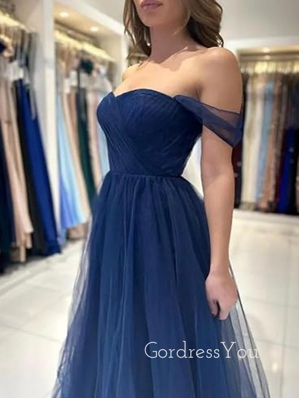 Navy Blue Tulle Off Shoulder Long Evening Prom Dresses, A-line Prom Dress, GR0552