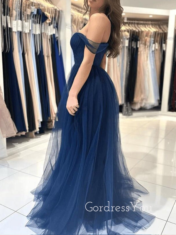 Navy Blue Tulle Off Shoulder Long Evening Prom Dresses, A-line Prom Dress, GR0552