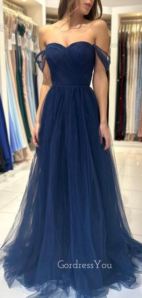 Navy Blue Tulle Off Shoulder Long Evening Prom Dresses, A-line Prom Dress, GR0552