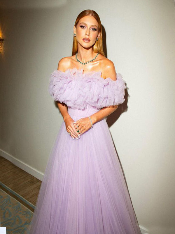 Formal Purple Tulle A-line Off Shoulder Long Evening Prom Dresses, GR0553