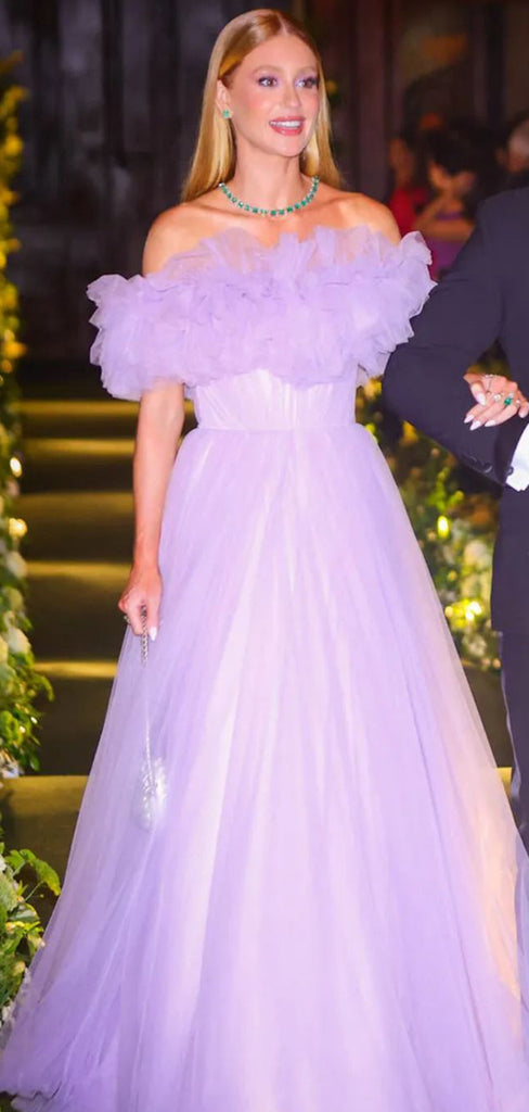 Formal Purple Tulle A-line Off Shoulder Long Evening Prom Dresses, GR0553