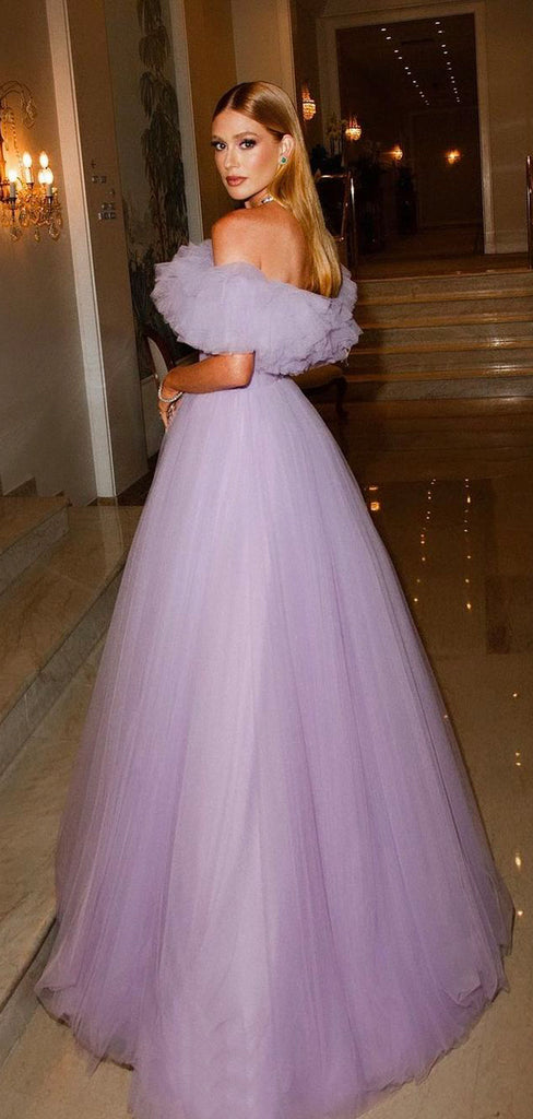 Formal Purple Tulle A-line Off Shoulder Long Evening Prom Dresses, GR0553