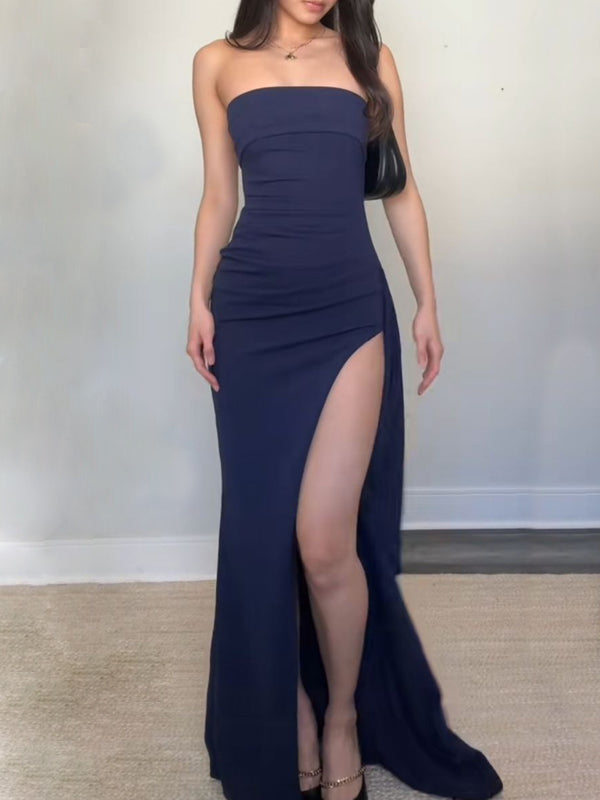 Navy Blue High Slit Long Evening Prom Dresses, Strapless Mermaid Prom Dress, GR0554