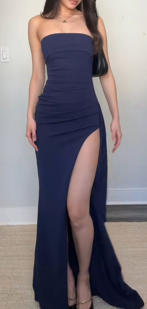 Navy Blue High Slit Long Evening Prom Dresses, Strapless Mermaid Prom Dress, GR0554