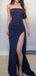 Navy Blue High Slit Long Evening Prom Dresses, Strapless Mermaid Prom Dress, GR0554