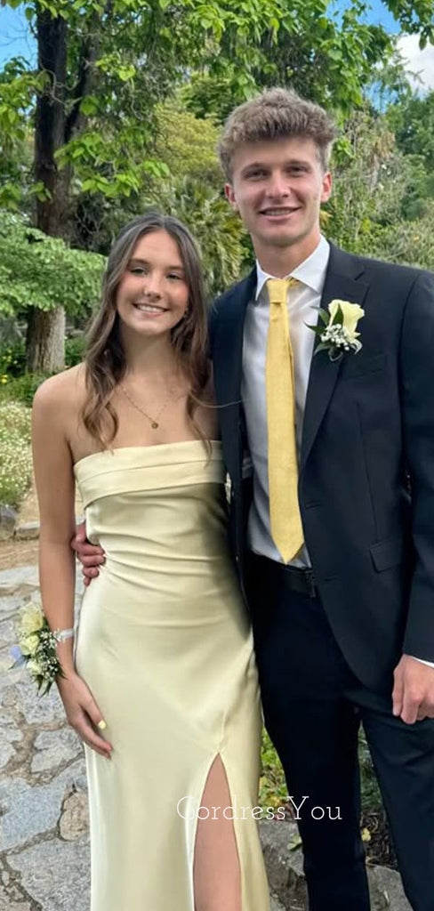 Simple Light Yellow Satin Strapless Long Evening Prom Dresses, GR0555