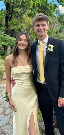 Simple Light Yellow Satin Strapless Long Evening Prom Dresses, GR0555