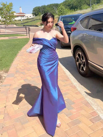 Formal Blue Satin Mermaid Off Shoulder Long Evening Prom Dresses, GR0557