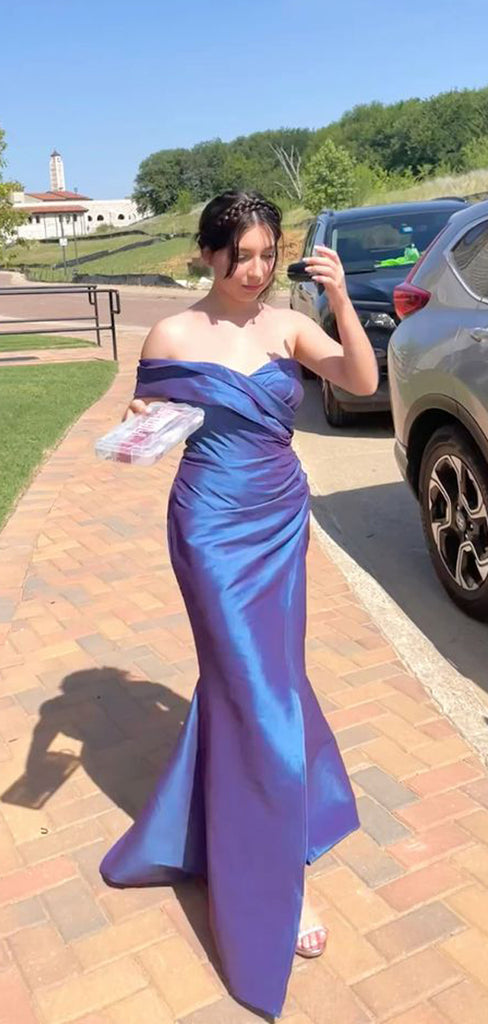 Formal Blue Satin Mermaid Off Shoulder Long Evening Prom Dresses, GR0557