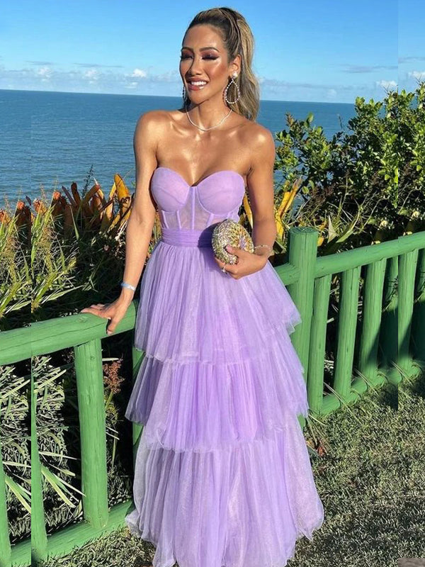 Simple Lilac Tulle A-line Long Sweet Heart Evening Prom Dresses, GR0558