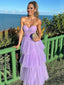 Simple Lilac Tulle A-line Long Sweet Heart Evening Prom Dresses, GR0558