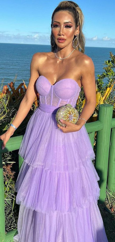 Simple Lilac Tulle A-line Long Sweet Heart Evening Prom Dresses, GR0558