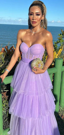 Simple Lilac Tulle A-line Long Sweet Heart Evening Prom Dresses, GR0558