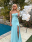 Blue Satin Side Slit Long Evening Prom Dresses, Spaghetti Straps Prom Dress, GR0559