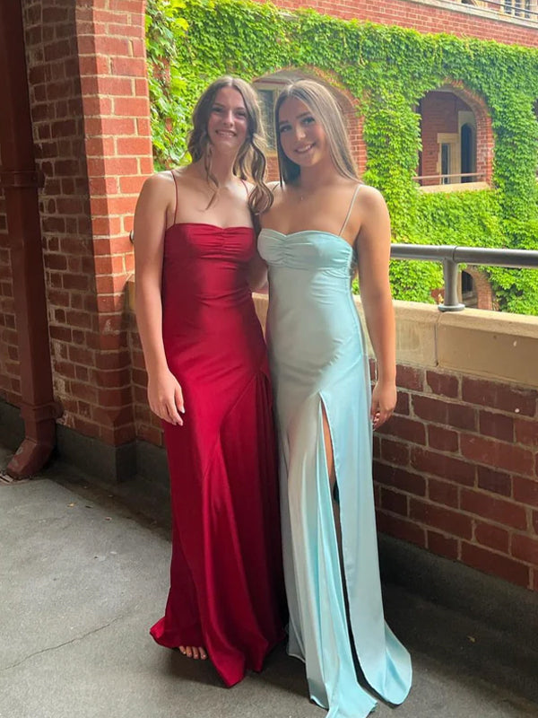 Blue Satin Side Slit Long Evening Prom Dresses, Spaghetti Straps Prom Dress, GR0559