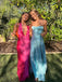 Blue Satin Side Slit Long Evening Prom Dresses, Spaghetti Straps Prom Dress, GR0559
