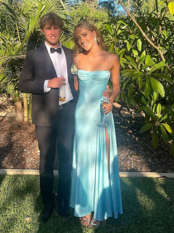 Blue Satin Side Slit Long Evening Prom Dresses, Spaghetti Straps Prom Dress, GR0559