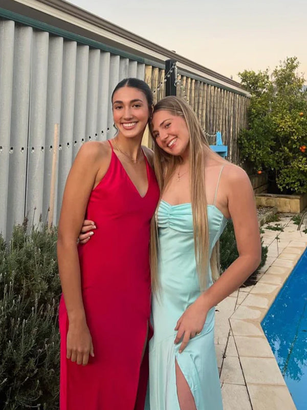 Blue Satin Side Slit Long Evening Prom Dresses, Spaghetti Straps Prom Dress, GR0559