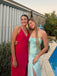 Blue Satin Side Slit Long Evening Prom Dresses, Spaghetti Straps Prom Dress, GR0559