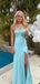 Blue Satin Side Slit Long Evening Prom Dresses, Spaghetti Straps Prom Dress, GR0559