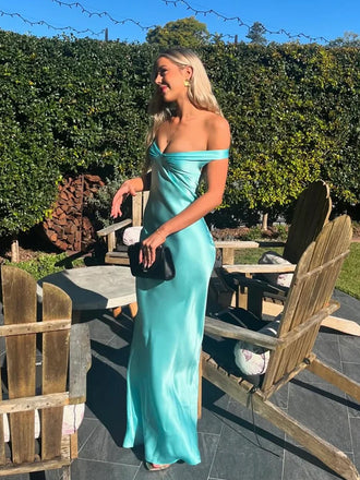 Formal Blue Satin  Long Evening Prom Dresses, Off Shoulder V-neck Prom dress, GR0560