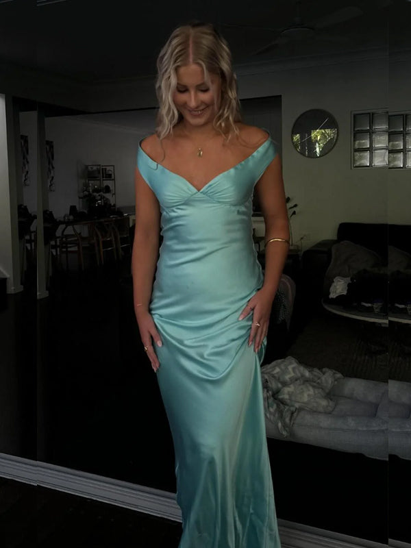 Formal Blue Satin  Long Evening Prom Dresses, Off Shoulder V-neck Prom dress, GR0560