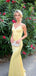 V-neck Yellow Satin Mermaid Long Evening Prom Dresses, GR0561