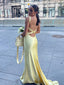 Sexy Backless Yellow Satin V-neck Long Evening Prom Dresses, GR0562