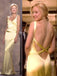 Sexy Backless Yellow Satin V-neck Long Evening Prom Dresses, GR0562