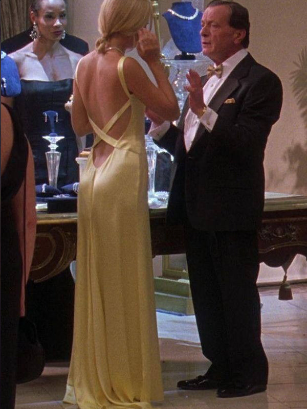 Sexy Backless Yellow Satin V-neck Long Evening Prom Dresses, GR0562