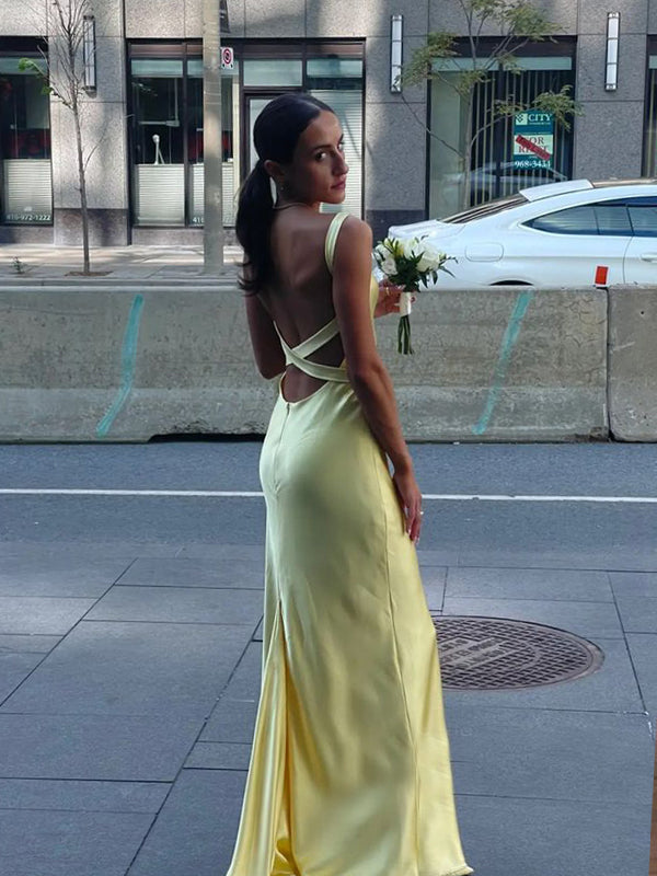 Sexy Backless Yellow Satin V-neck Long Evening Prom Dresses, GR0562