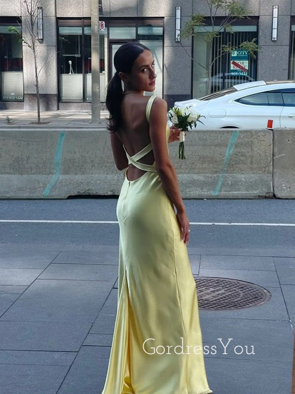 Sexy Backless Yellow Satin V-neck Long Evening Prom Dresses, GR0562 GordressYou Sexy Backless Yellow Satin V-neck Long Evening Prom Dresses, GR0562 GordressYou