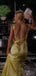 Sexy Backless Yellow Satin V-neck Long Evening Prom Dresses, GR0562