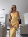 Spaghetti Straps Yellow Satin Lace Long Evening Prom Dresses, GR0563