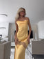 Spaghetti Straps Yellow Satin Lace Long Evening Prom Dresses, GR0563