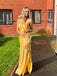 Spaghetti Straps Yellow Satin Lace Long Evening Prom Dresses, GR0563