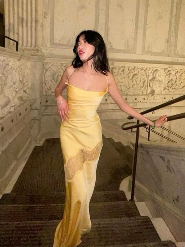 Spaghetti Straps Yellow Satin Lace Long Evening Prom Dresses, GR0563