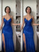 Sheath V-neck Blue Sequins Long Evening Prom Dresses, Side Slit Prom Dress, GR0564