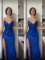 Sheath V-neck Blue Sequins Long Evening Prom Dresses, Side Slit Prom Dress, GR0564