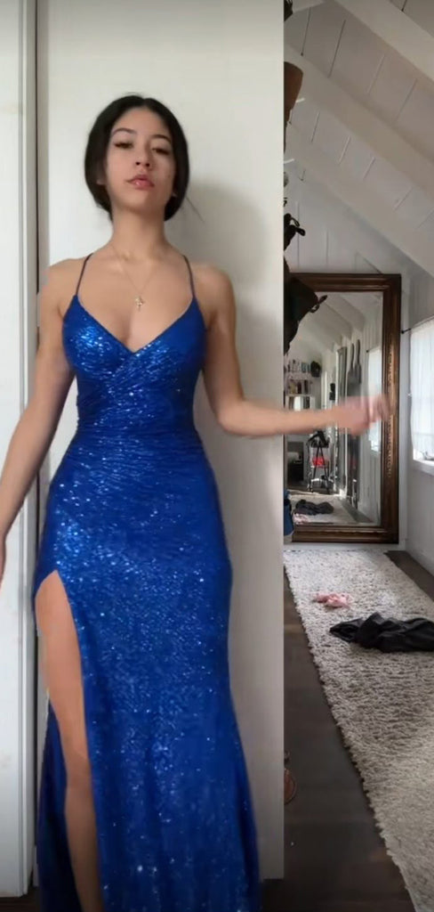 Sheath V-neck Blue Sequins Long Evening Prom Dresses, Side Slit Prom Dress, GR0564