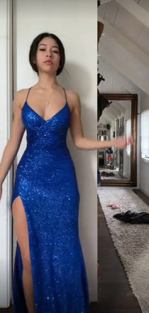 Sheath V-neck Blue Sequins Long Evening Prom Dresses, Side Slit Prom Dress, GR0564