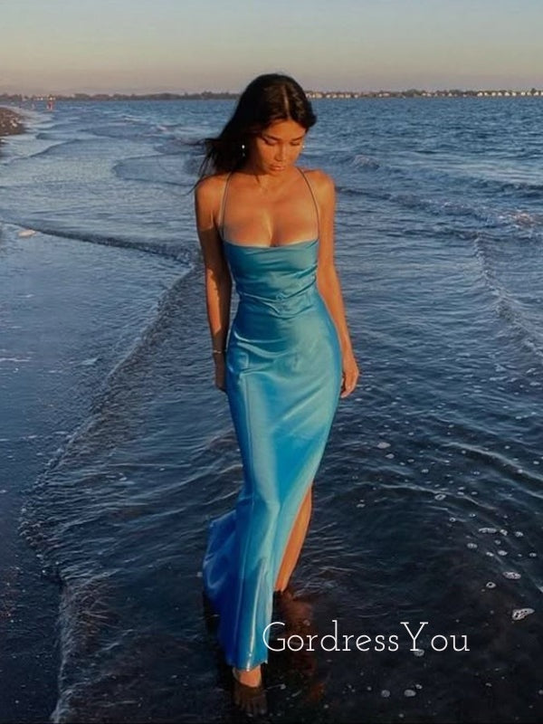 Simple Spaghetti Straps Blue Side Slit Long Evening Prom Dresses, GR0569