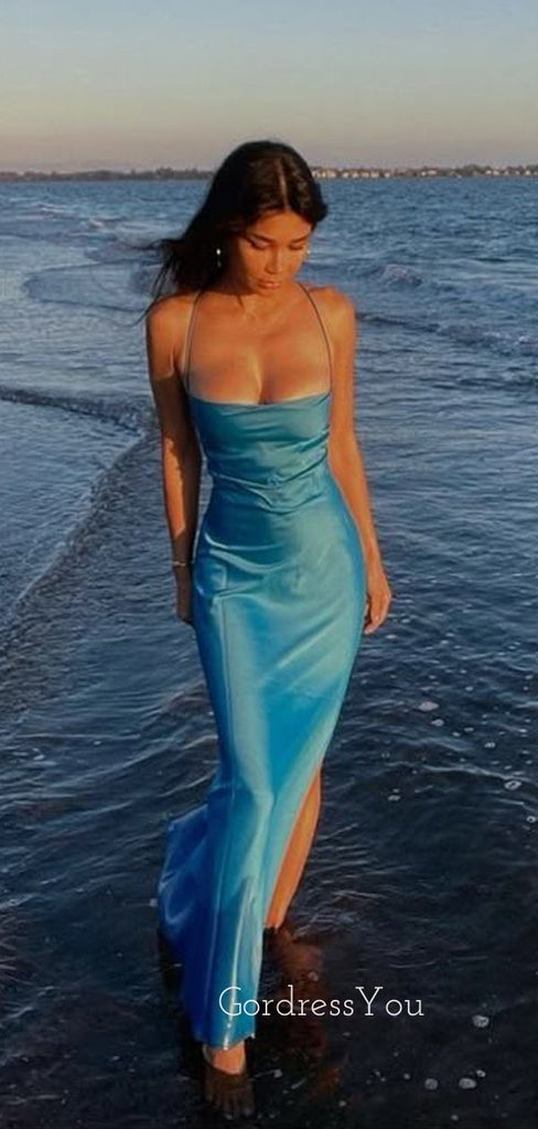 Simple Spaghetti Straps Blue Side Slit Long Evening Prom Dresses, GR0569
