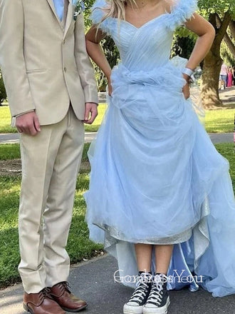 Off Shoulder A-line Long Evening Prom Dresses, Light Blue Tulle Prom Dress, GR0570