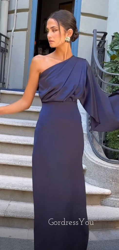 Navy Blue Satin Mermaid Long Evening Prom Dresses, One Shoulder Prom Dress, GR0571