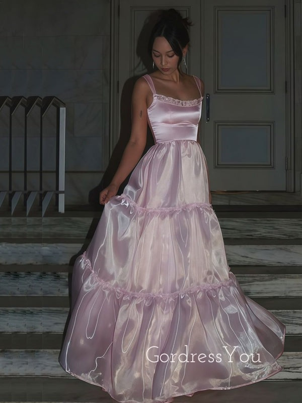 Formal A-line Organza Pink Long Evening Prom Dresses, GR0572
