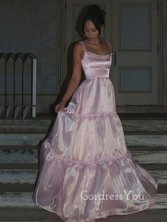 Formal A-line Organza Pink Long Evening Prom Dresses, GR0572