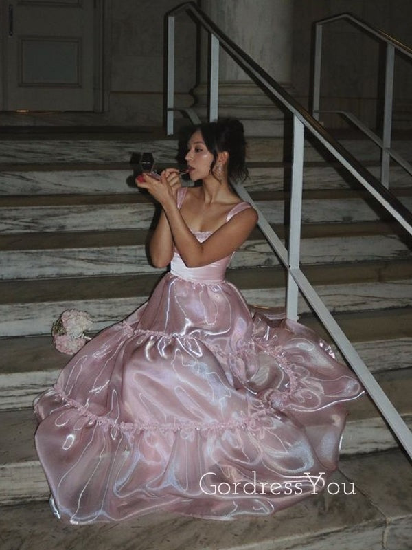 Formal A-line Organza Pink Long Evening Prom Dresses, GR0572