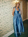 Lovely Blue Satin A-line Long Evening Prom Dresses, GR0573