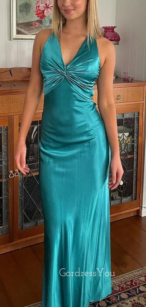 Sexy V-neck Blue Satin Long Evening Prom Dresses, Mermaid Backless Prom dress, GR0574